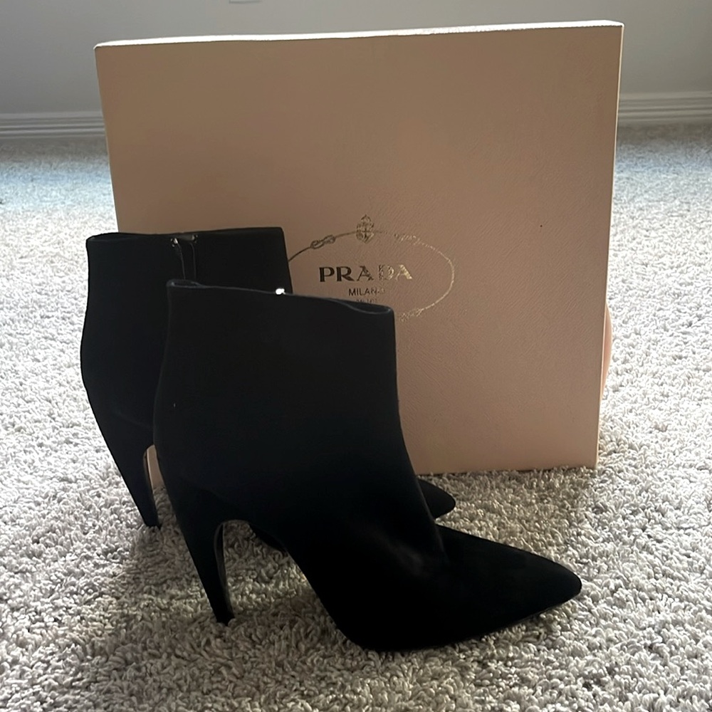 PRADA
Black Suede Zip Stiletto Booties